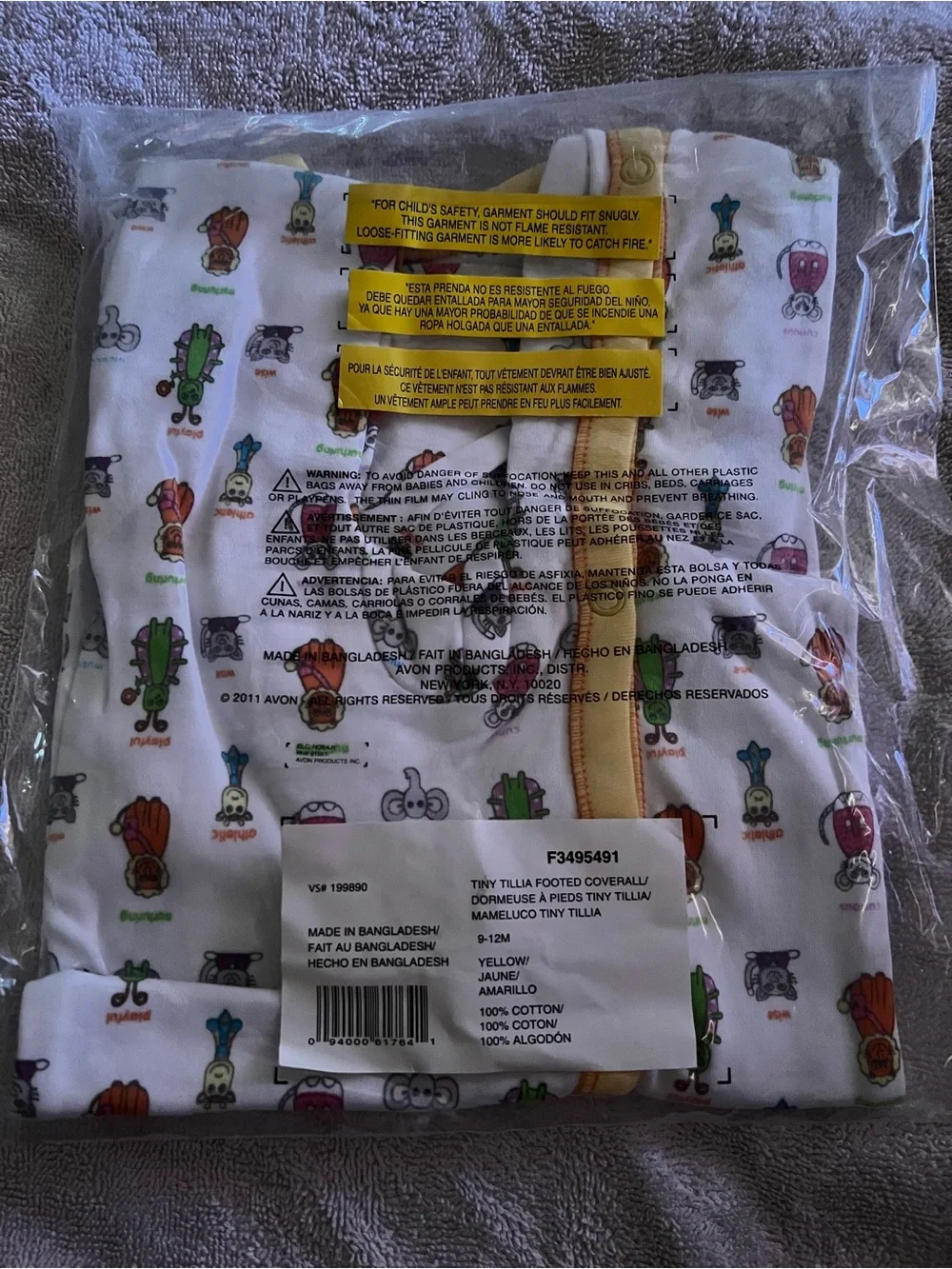 Avon Tiny Tillia Footed Cover Snap-Front Baby Pajamas - White with Yellow Trim